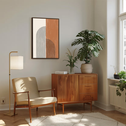 a living room with a chair and a potted plant