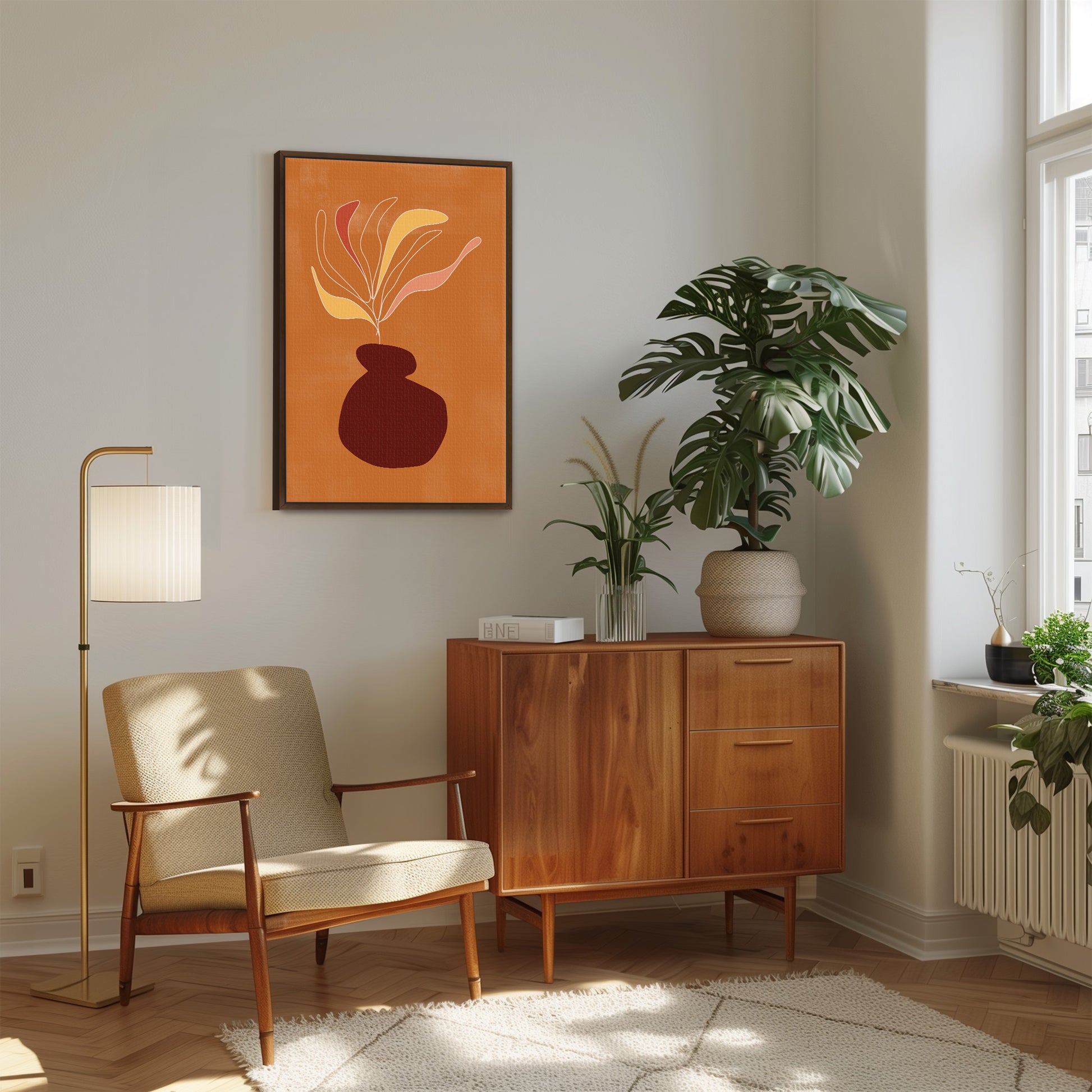 a living room with a chair and a painting on the wall