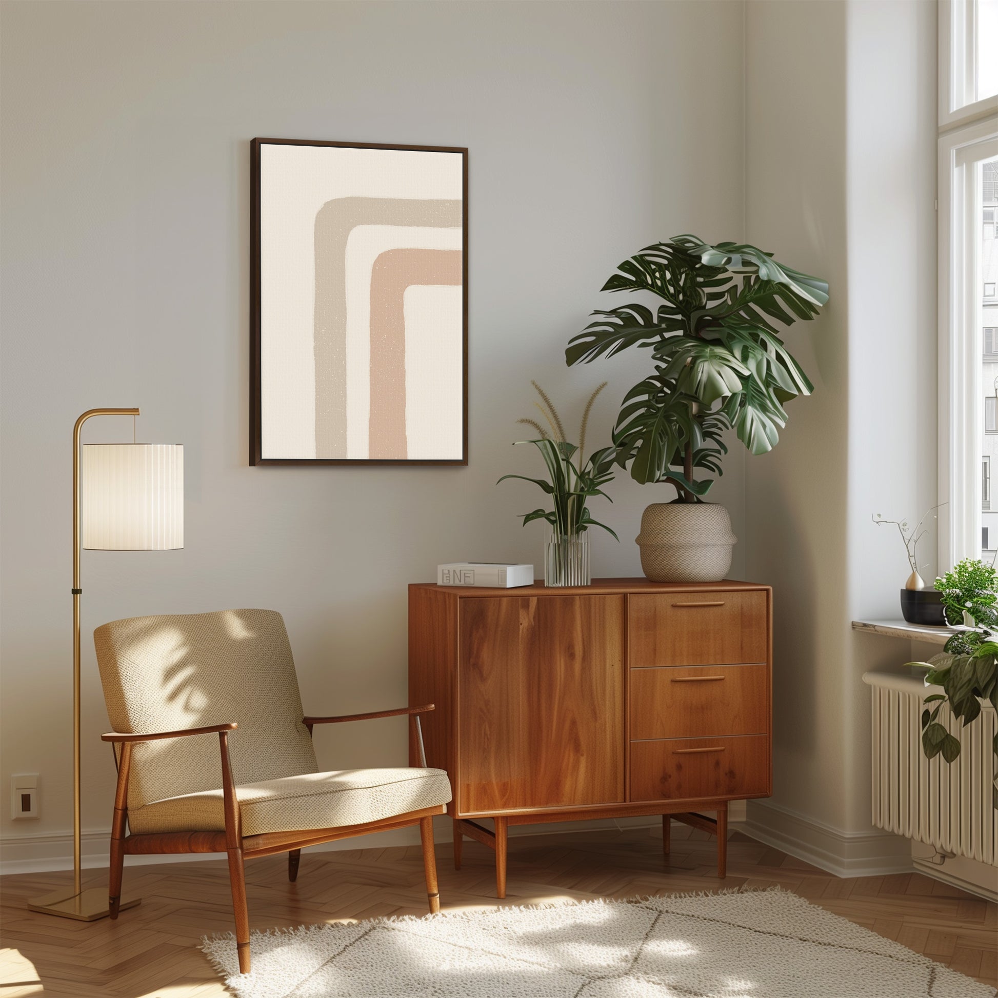 a living room with a plant and a chair