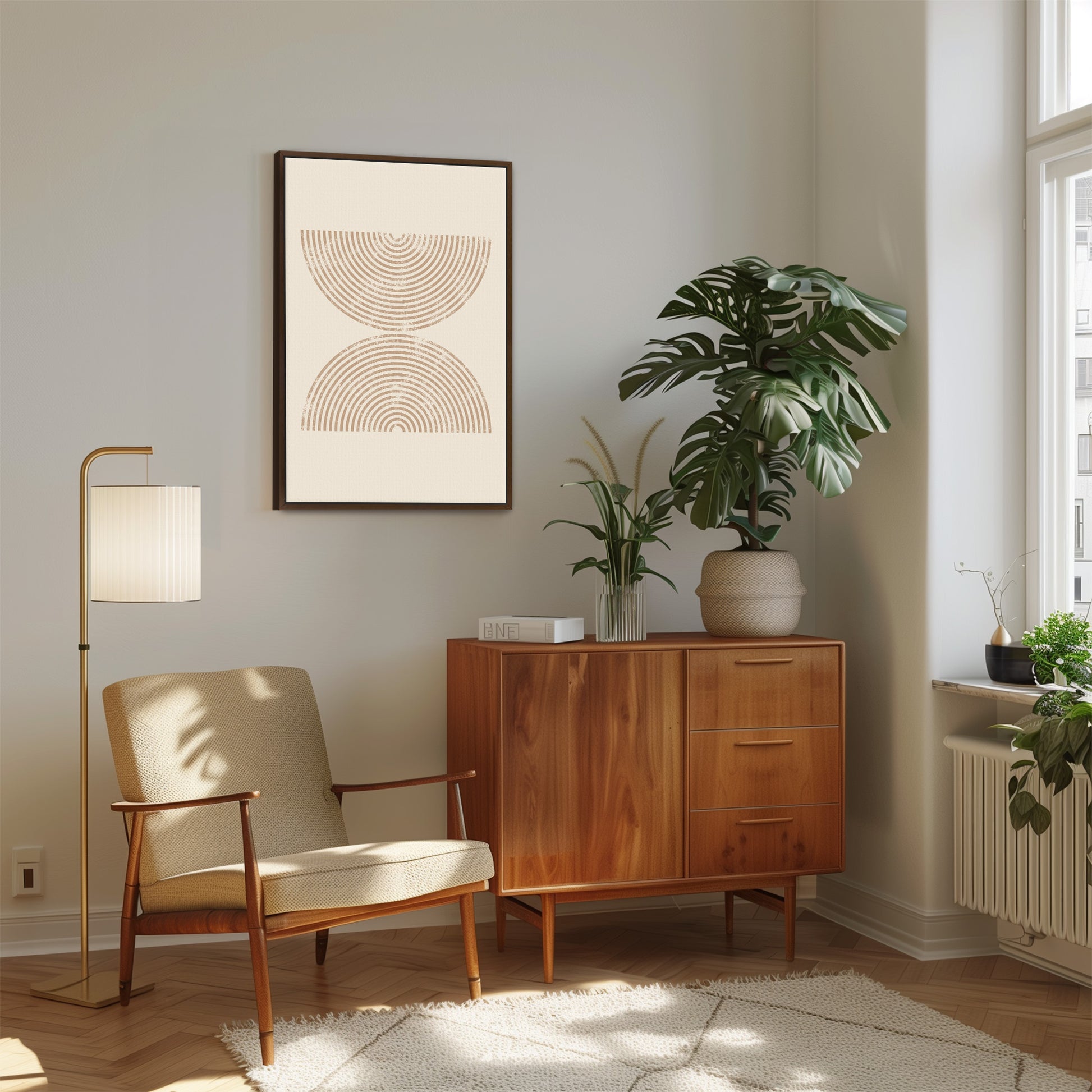 a living room with a plant and a chair