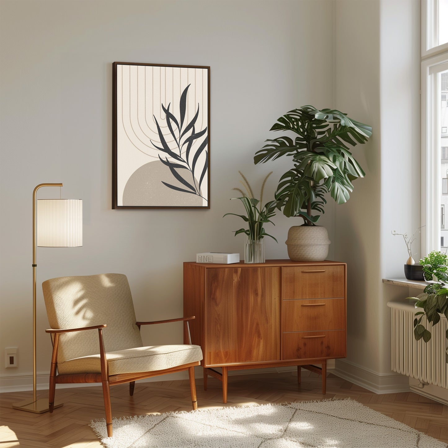 a living room with a plant and a chair