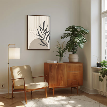 a living room with a plant and a chair