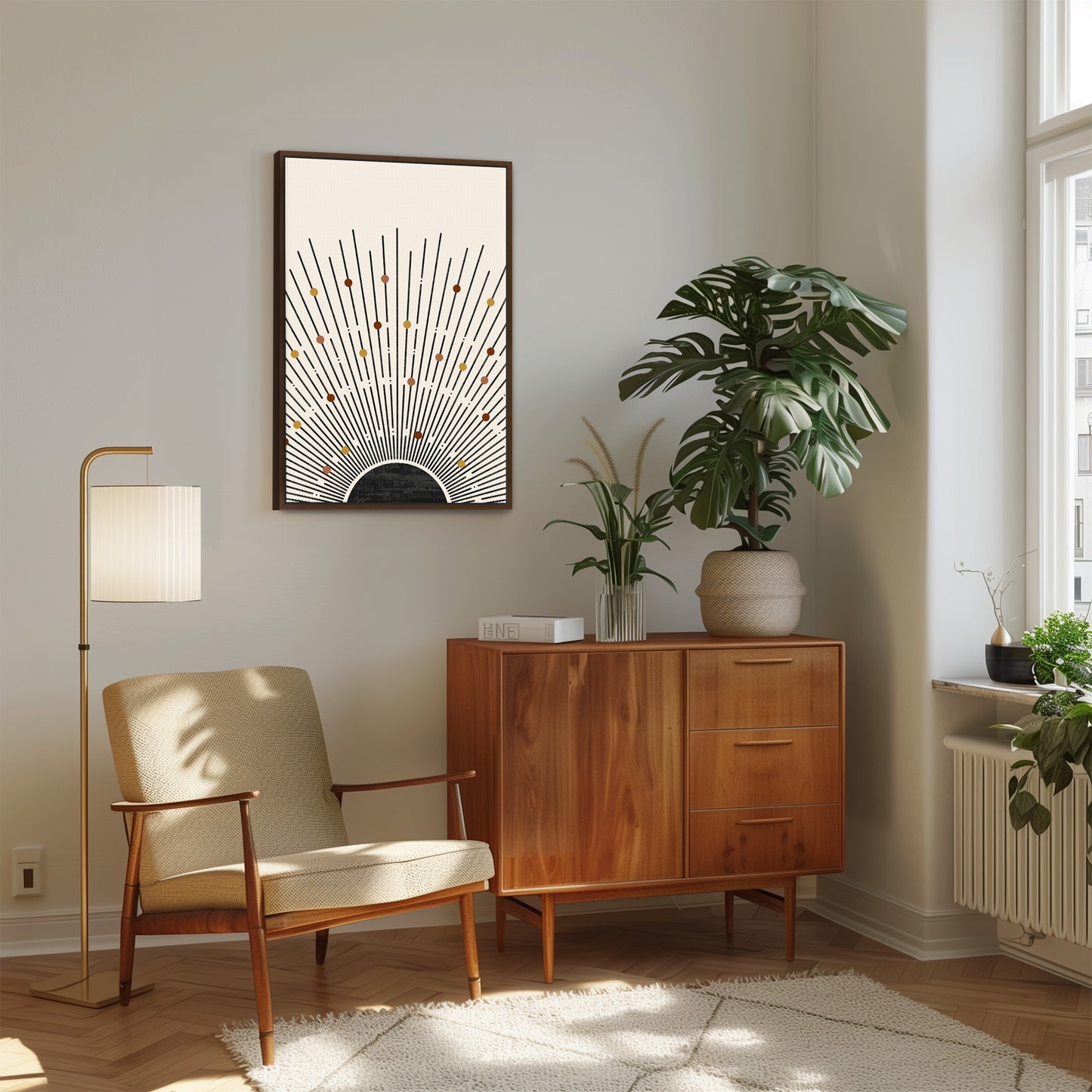 a living room with a chair and a potted plant