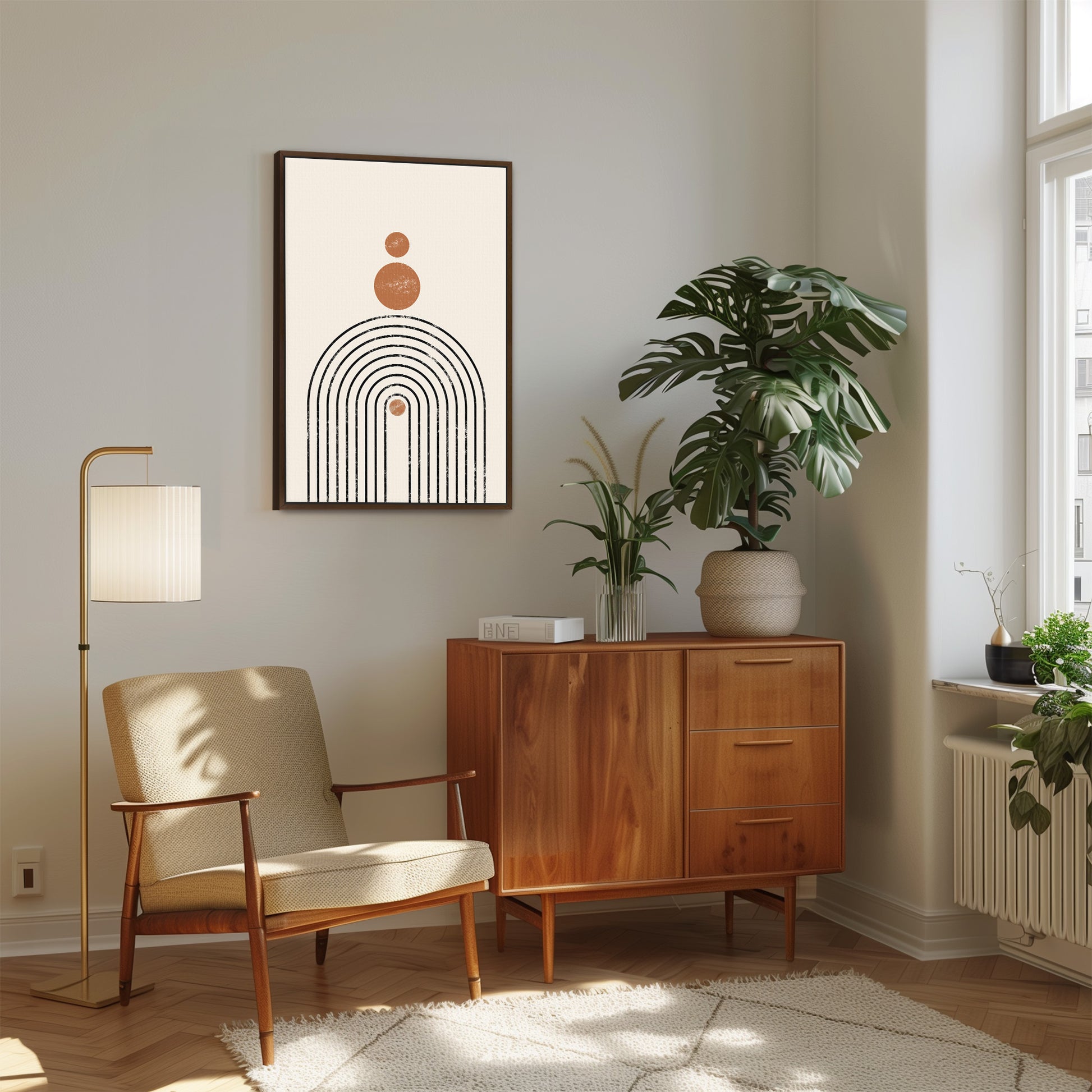 a living room with a chair and a potted plant