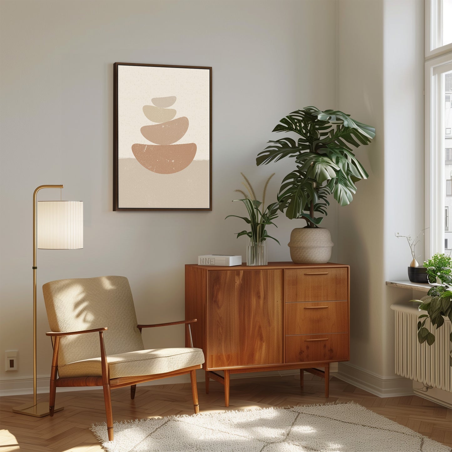 a living room with a plant and a chair