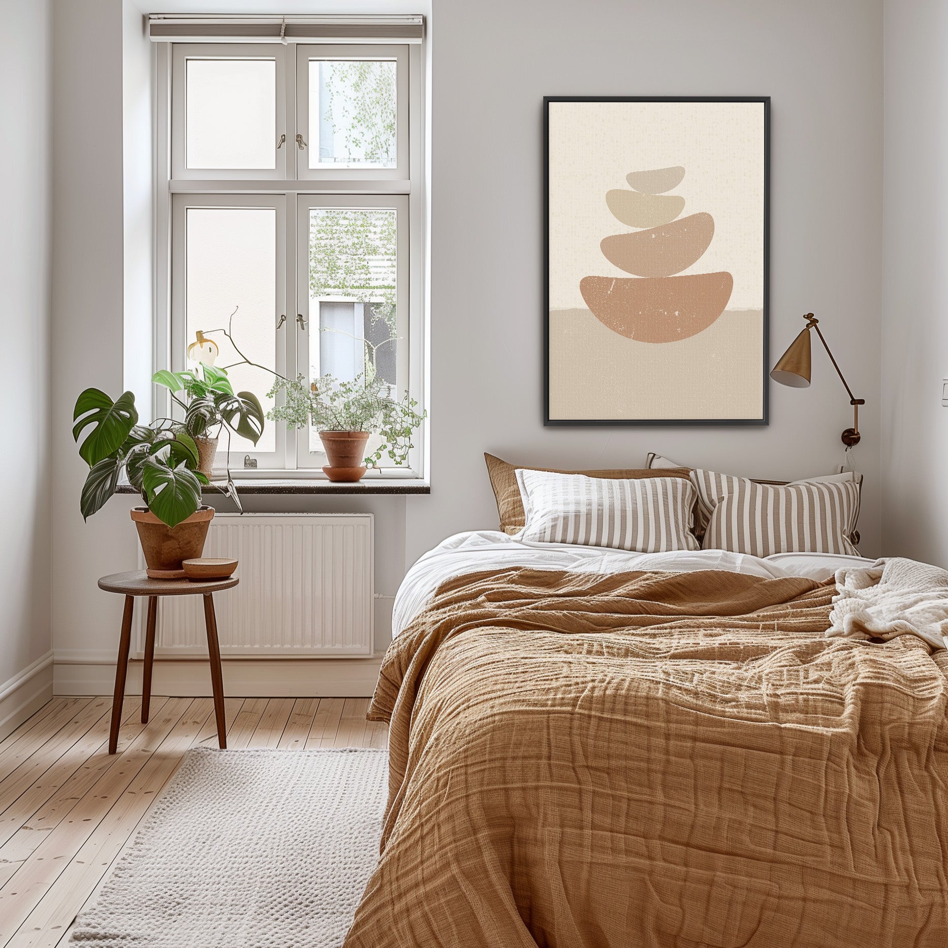 a bedroom with a bed and a painting on the wall