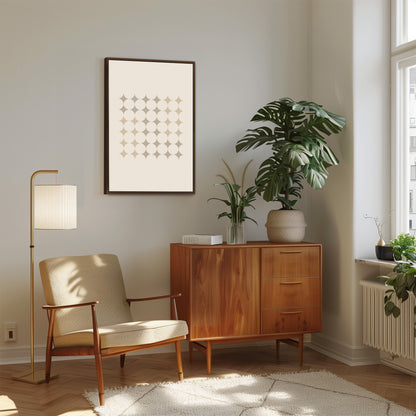 a living room with a plant and a chair