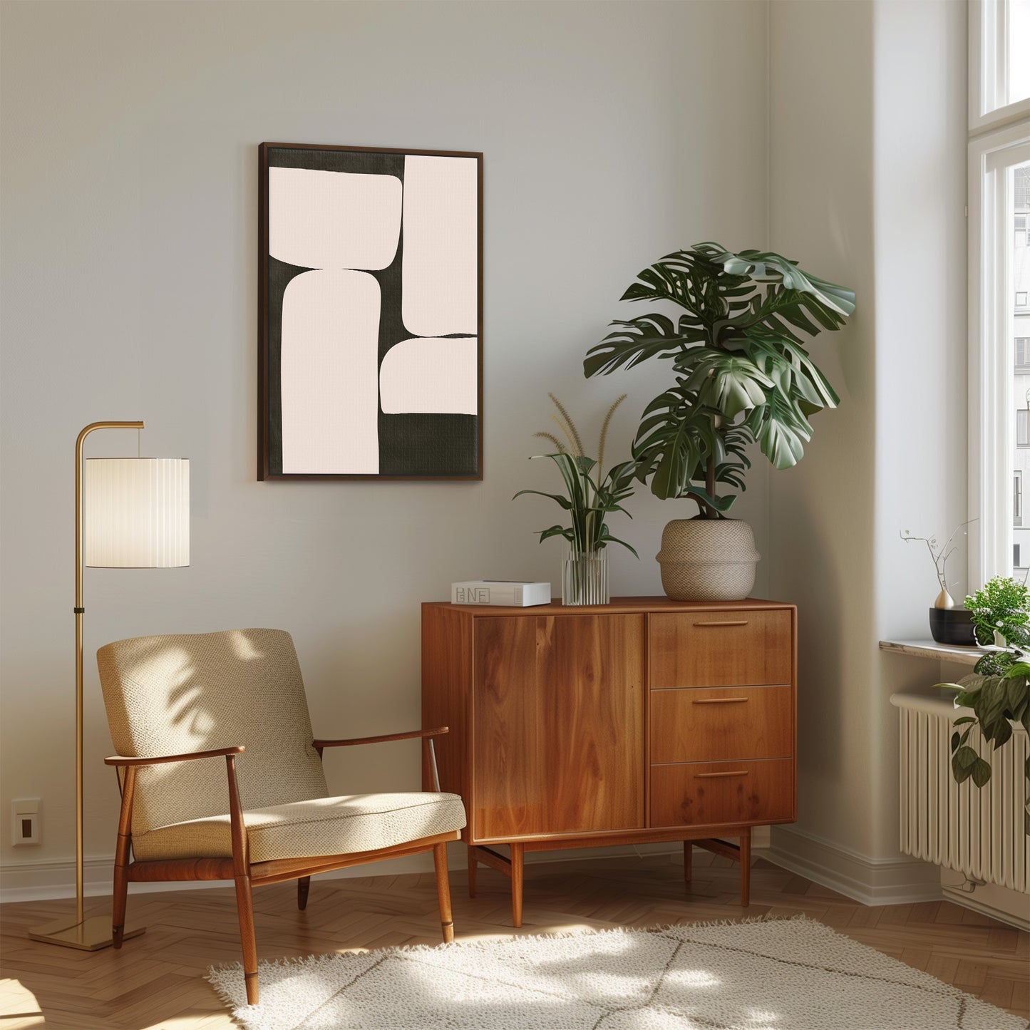 a living room with a chair and a potted plant