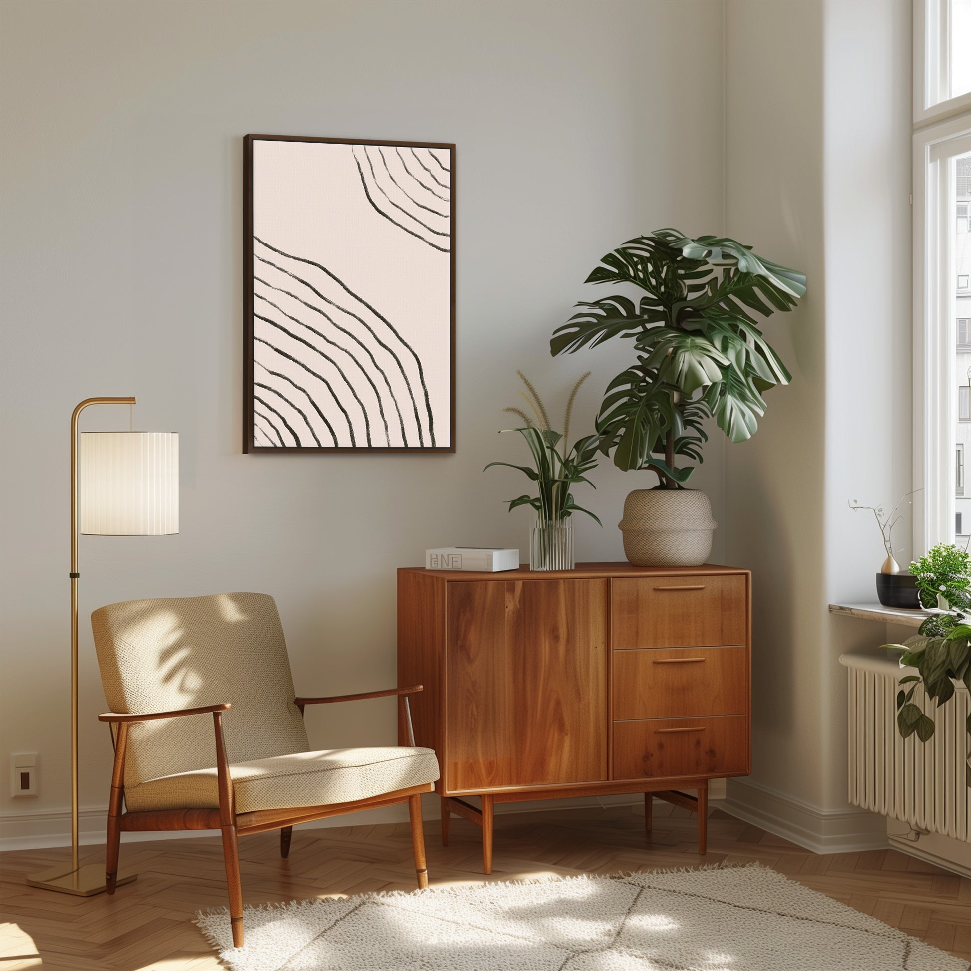 a living room with a plant and a chair